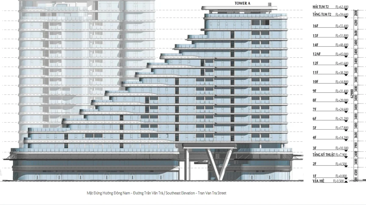 Mặt bằng và Layout căn hộ Triton Crown Phú Mỹ Hưng Quận 7 3 Mặt đứng với thiết kế cao 16 tầng theo kiến trúc bậc thang, tầng điển hình cao 3.4m