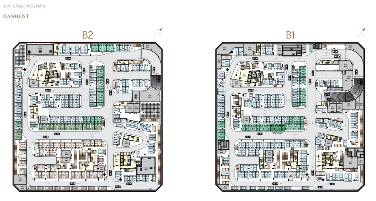Mặt bằng và Layout căn hộ Triton Crown Phú Mỹ Hưng Quận 7 5 Mặt bằng tầng hầm, 2 tầng hầm, mỗi căn hộ được phân bổ 1 ô xe định danh